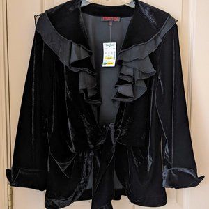 Mishca Black Velvet Blazer, Large, NWT, relaxed fit, ruched sleeves, tie front